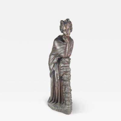 Antique Bronze Statue of Woman in Thought Resting on a Column of Rocks MARKED