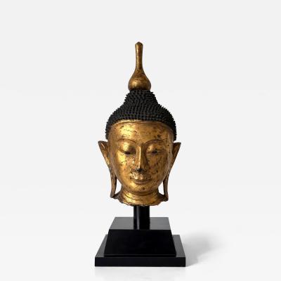 Antique Burmese Gilt Wood Buddha Head Sculpture on Stand