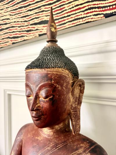Antique Burmese Lacquer Wood Shan Style Buddha Statue