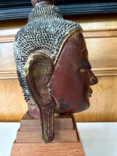 Antique Burmese Lacquer and Gilt Buddha Head Sculpture