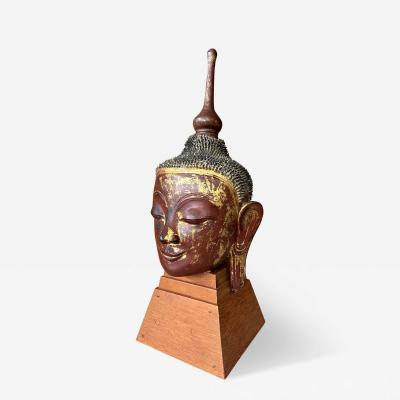 Antique Burmese Lacquer and Gilt Buddha Head Sculpture