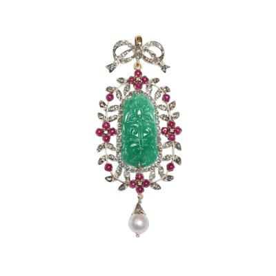 Antique Carved Chrysoprase Pendant Diamonds Rubies Pearl 18 Karat Gold