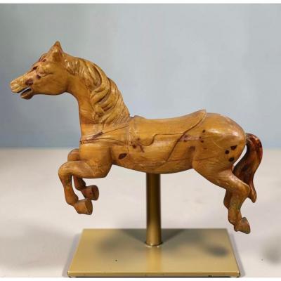 Antique Carved Raw Wood Carousel Horse Mounted on Metal Stand