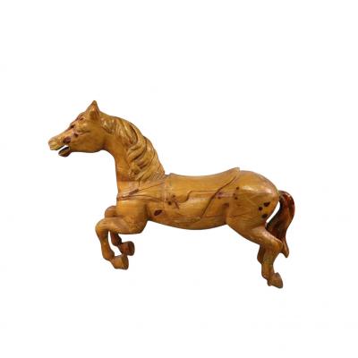 Antique Carved Raw Wood Carousel Horse Mounted on Metal Stand