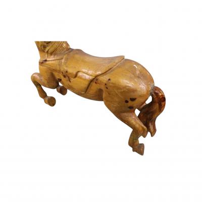 Antique Carved Raw Wood Carousel Horse Mounted on Metal Stand