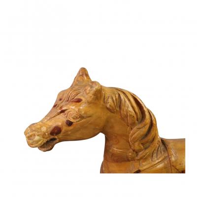 Antique Carved Raw Wood Carousel Horse Mounted on Metal Stand