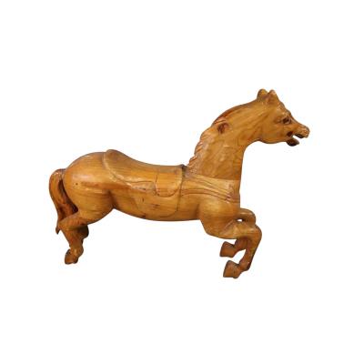 Antique Carved Raw Wood Carousel Horse Mounted on Metal Stand