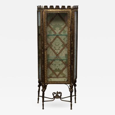 Antique Cast Bronze Jewelry Display Cabinet with Green Damask Silk Interior