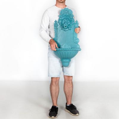 Antique Cast Iron Wall Mounted Teal Painted Garden Fountain with Lion Mask