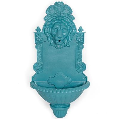 Antique Cast Iron Wall Mounted Teal Painted Garden Fountain with Lion Mask