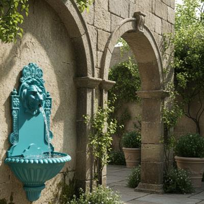 Antique Cast Iron Wall Mounted Teal Painted Garden Fountain with Lion Mask