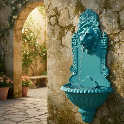 Antique Cast Iron Wall Mounted Teal Painted Garden Fountain with Lion Mask