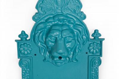 Antique Cast Iron Wall Mounted Teal Painted Garden Fountain with Lion Mask