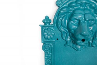 Antique Cast Iron Wall Mounted Teal Painted Garden Fountain with Lion Mask