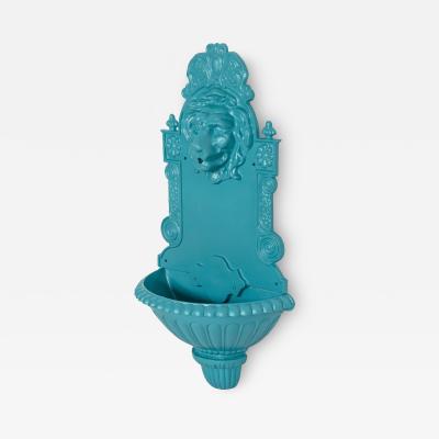 Antique Cast Iron Wall Mounted Teal Painted Garden Fountain with Lion Mask