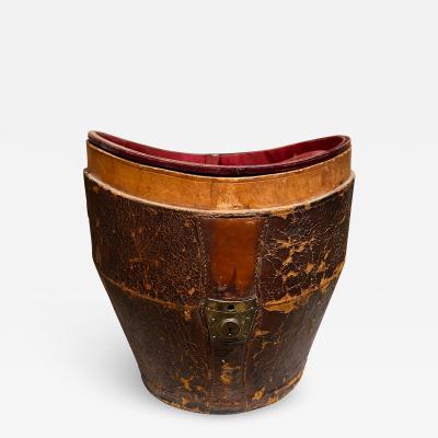 Antique Catchall Bucket in Distressed Leather and Red Silk 1800s