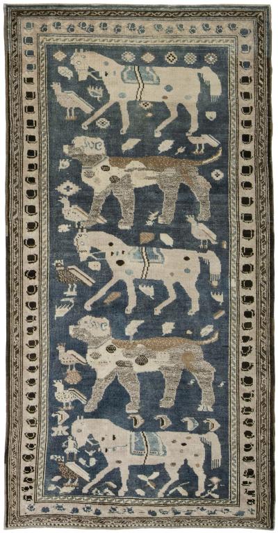 Antique Caucasian Karabagh Tribal Rug in a Grey and Blue Background