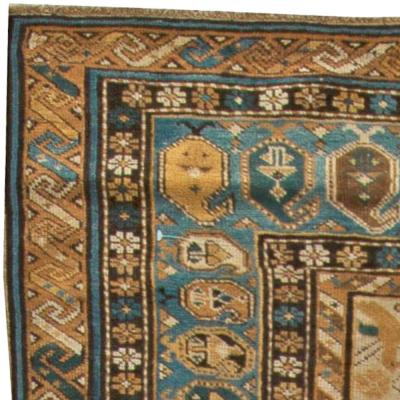 Antique Caucasian Shirvan Midnight Blue and Beige Hand Knotted Wool Rug