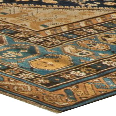 Antique Caucasian Shirvan Midnight Blue and Beige Hand Knotted Wool Rug