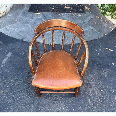 Antique Child s Windsor Barrel Chair With Leather Seat