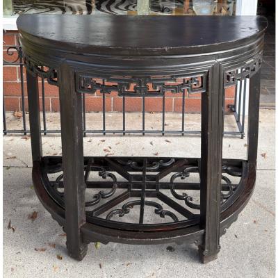 Antique Chinese Black Ebony Demilune Console Table