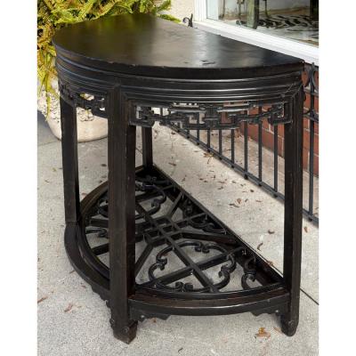 Antique Chinese Black Ebony Demilune Console Table