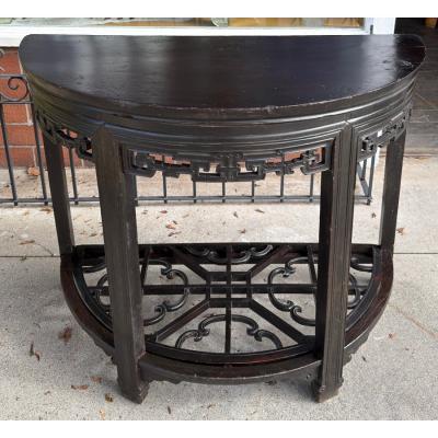 Antique Chinese Black Ebony Demilune Console Table