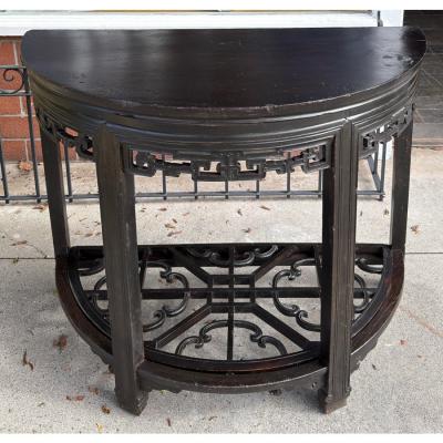 Antique Chinese Black Ebony Demilune Console Table