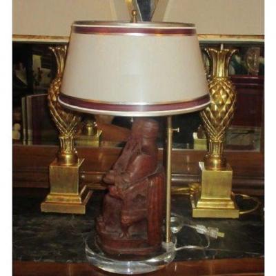 Antique Chinese Carved Wood Buddha Sculpture Lamp W Custom Shade