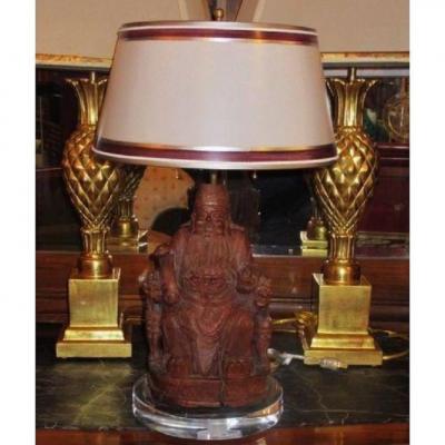 Antique Chinese Carved Wood Buddha Sculpture Lamp W Custom Shade