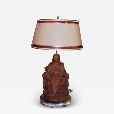 Antique Chinese Carved Wood Buddha Sculpture Lamp W Custom Shade