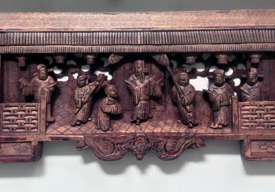 Antique Chinese Carved Wood Door Lintel Framed in Shadow Box