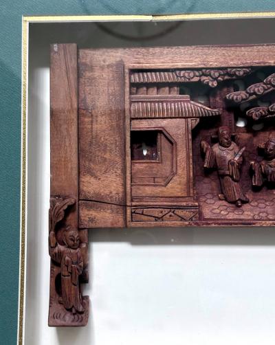 Antique Chinese Carved Wood Door Lintel Framed in Shadow Box