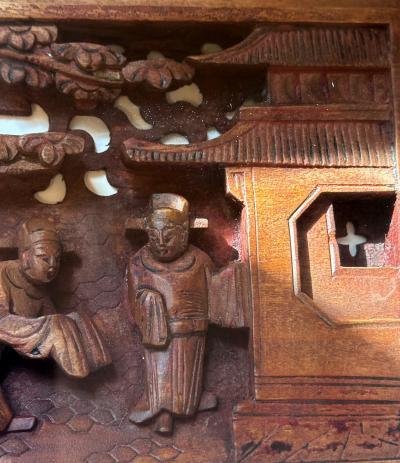 Antique Chinese Carved Wood Door Lintel Framed in Shadow Box