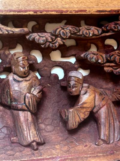Antique Chinese Carved Wood Door Lintel Framed in Shadow Box