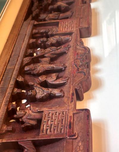 Antique Chinese Carved Wood Door Lintel Framed in Shadow Box