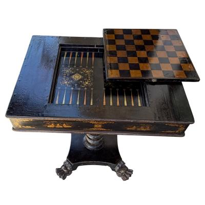 Antique Chinese Export Regency Black Chinoiserie Game Table