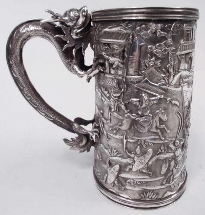 Antique Chinese Export Silver Battle Mug with Dragon Handle