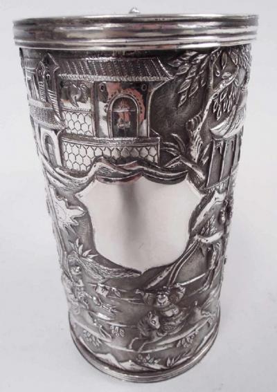 Antique Chinese Export Silver Battle Mug with Dragon Handle