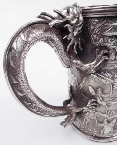 Antique Chinese Export Silver Battle Mug with Dragon Handle