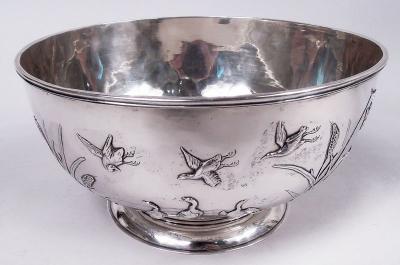 Antique Chinese Export Silver Bird and Cattail Bowl