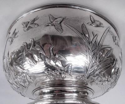 Antique Chinese Export Silver Bird and Cattail Bowl