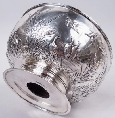 Antique Chinese Export Silver Bird and Cattail Bowl