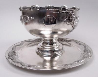 Antique Chinese Export Silver Dragon Centerpiece Bowl on Stand