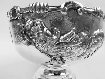 Antique Chinese Export Silver Dragon Centerpiece Bowl on Stand