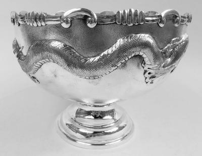 Antique Chinese Export Silver Dragon Centerpiece Bowl on Stand