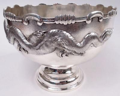 Antique Chinese Export Silver Dragon Centerpiece Bowl on Stand