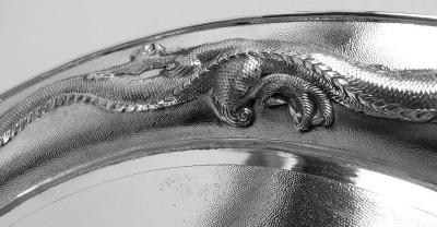Antique Chinese Export Silver Dragon Centerpiece Bowl on Stand