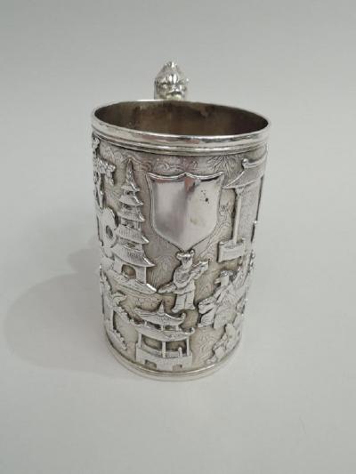 Antique Chinese Export Silver Mug with Dragon Handle