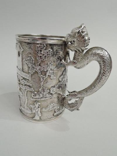 Antique Chinese Export Silver Mug with Dragon Handle